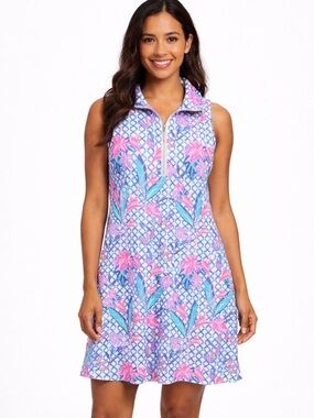 Lulu B Sleeveless Zip Swing Dress XS Blue Pink Tropical Floral Resort Golf UPF